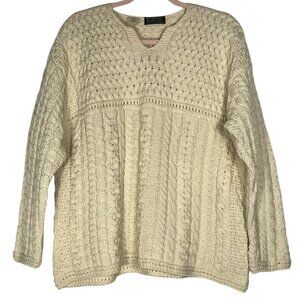 Blarney Womens Merino Wool Cable Knit Fisherman Sweater Size XL Ivory Ireland